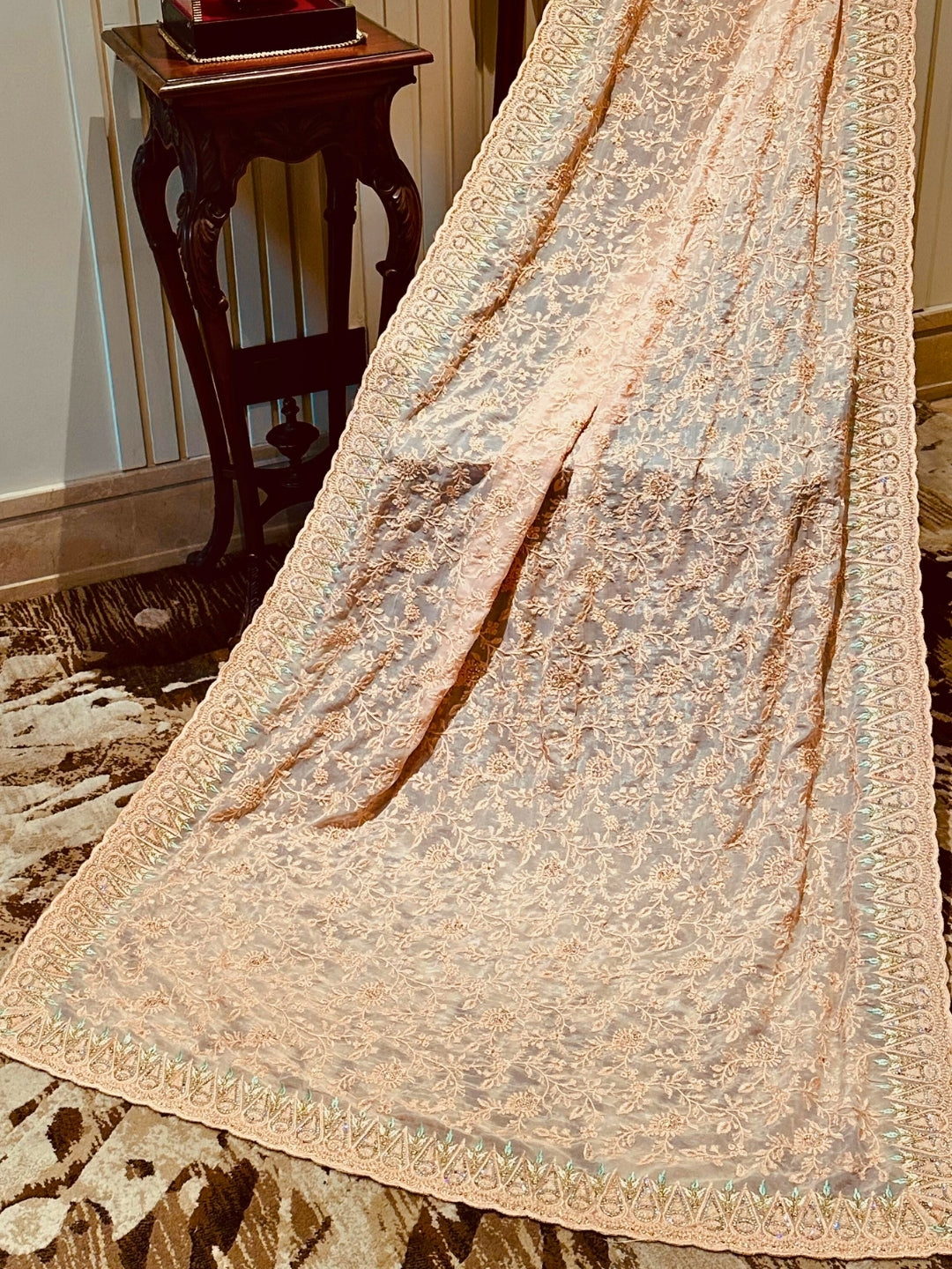 Peach Embroidered Organza Saree