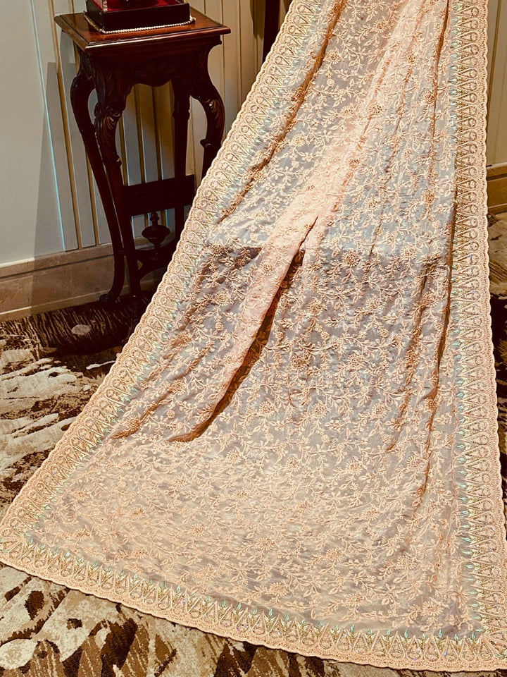 Peach Embroidered Organza Saree