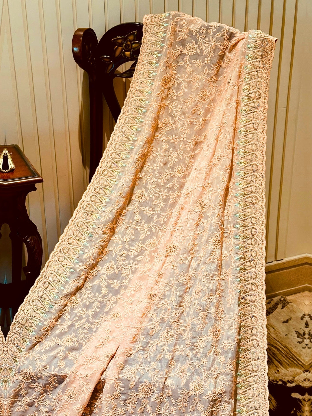 Peach Embroidered Organza Saree
