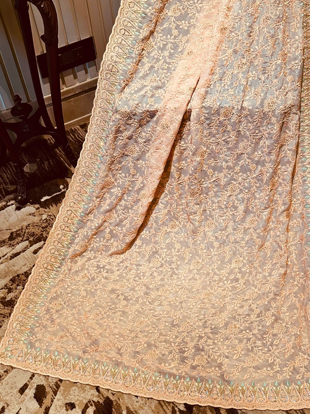Peach Embroidered Organza Saree