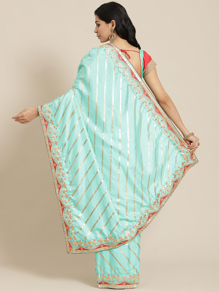 Pastel Blue Leheriya Dupion Saree Embellished With Gota Patti Border