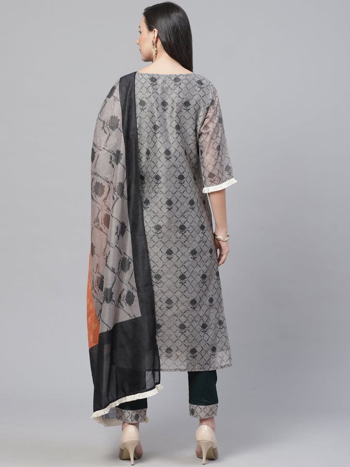 Chanderi Silk Dress Material with Digital Handloom & Indie Print with Maheshwari Dupatta