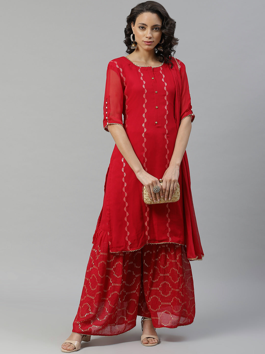 Made to Measure Magenta Sequence And Gota-Patti Work Kurta, Unstiched Sharara Set with Chiffon Dupatta