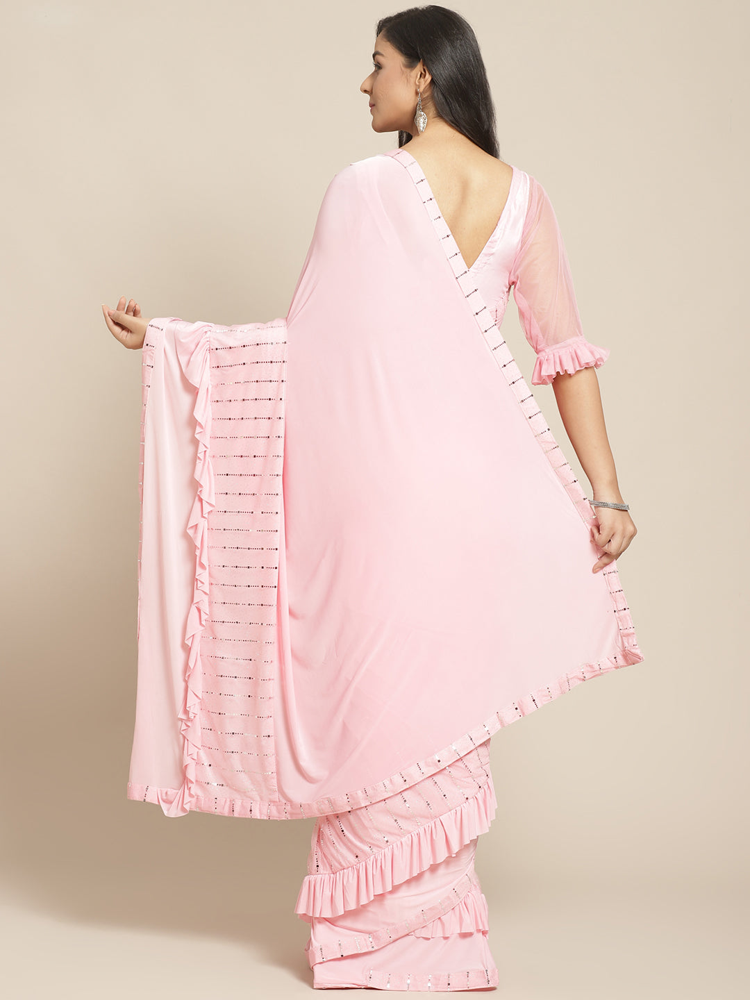 Pastel Romance Ruffled Pre-Stitched Saree with Bling Silver Sequence Patchwork