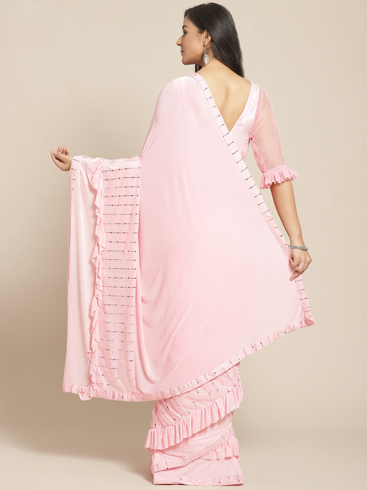 Pastel Romance Ruffled Pre-Stitched Saree with Bling Silver Sequence Patchwork