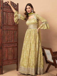 Chhabra 555 Bandhani Print Embellished Pleated Gown with Sequin Embroidery, Bell Sleeves & Dupatta