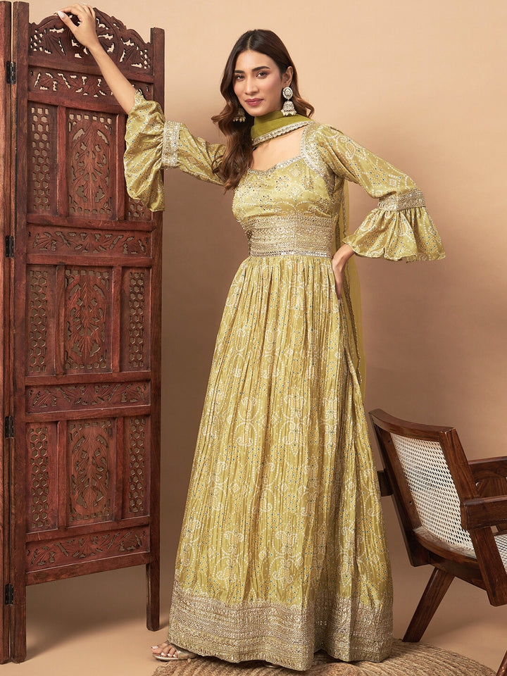Chhabra 555 Bandhani Print Embellished Pleated Gown with Sequin Embroidery, Bell Sleeves & Dupatta