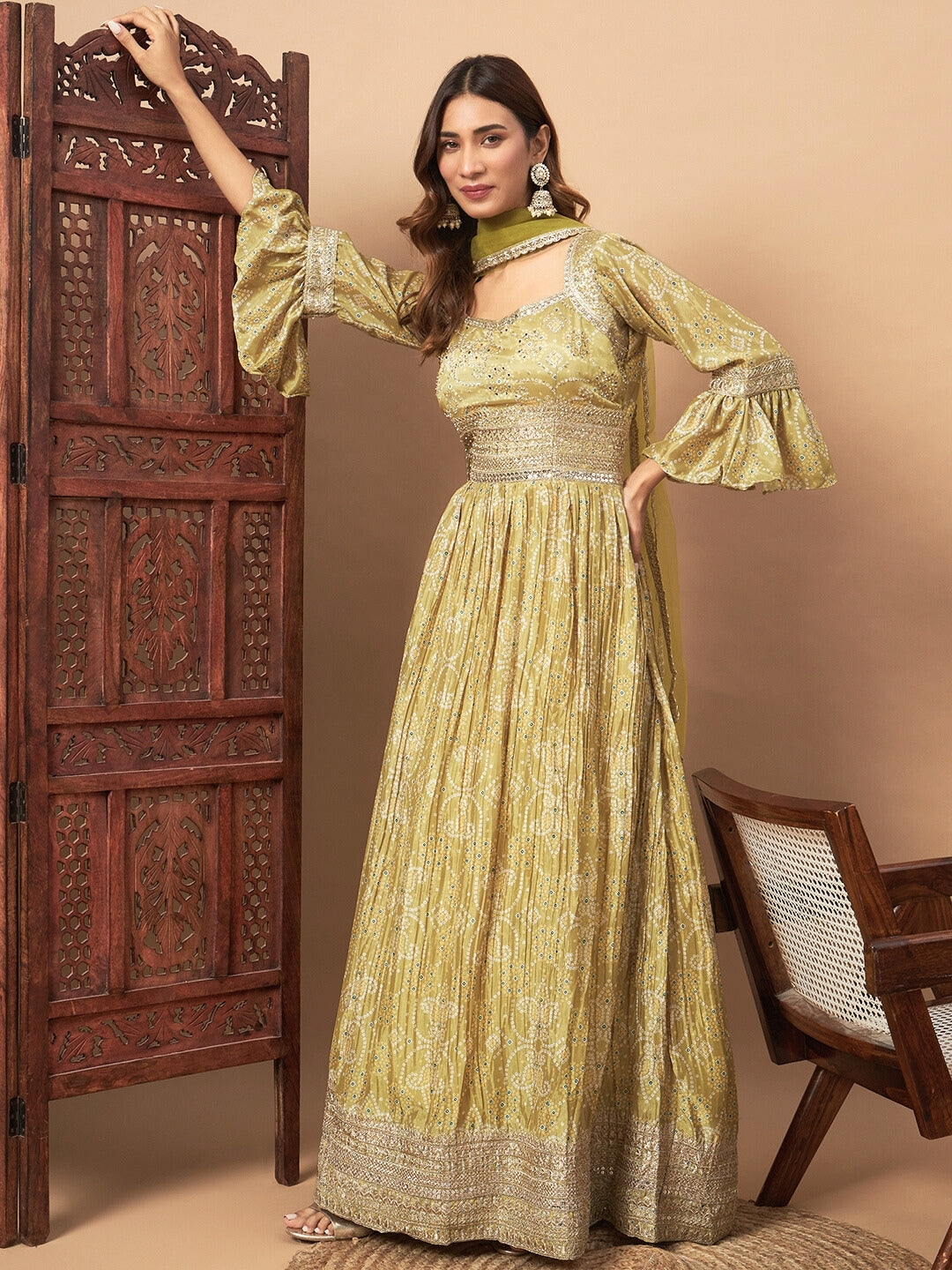Bandhani Print Embellished Pleated Gown with Sequin Embroidery, Bell S Chhabra 555 Bandhani Print Embellished Pleated Gown with Sequin Embroidery, Bell S Chhabra 555