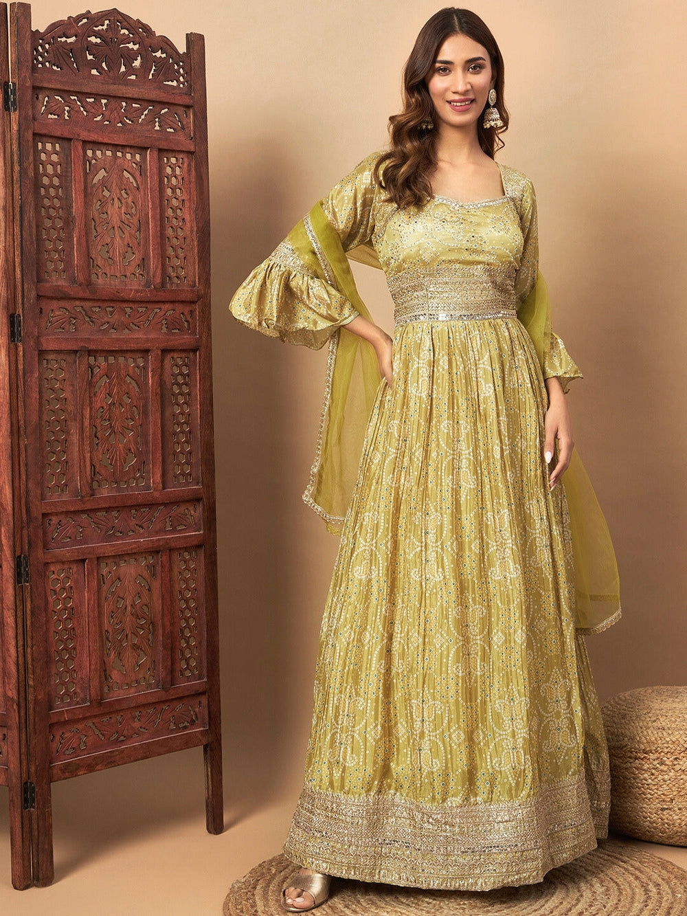 Chhabra 555 Bandhani Print Embellished Pleated Gown with Sequin Embroidery, Bell Sleeves & Dupatta