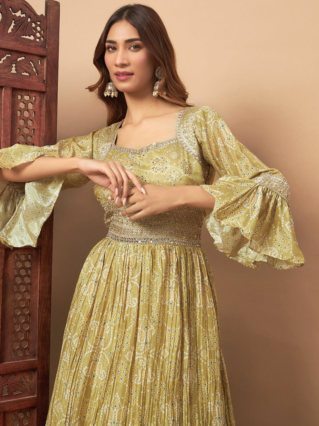 Chhabra 555 Bandhani Print Embellished Pleated Gown with Sequin Embroidery, Bell Sleeves & Dupatta