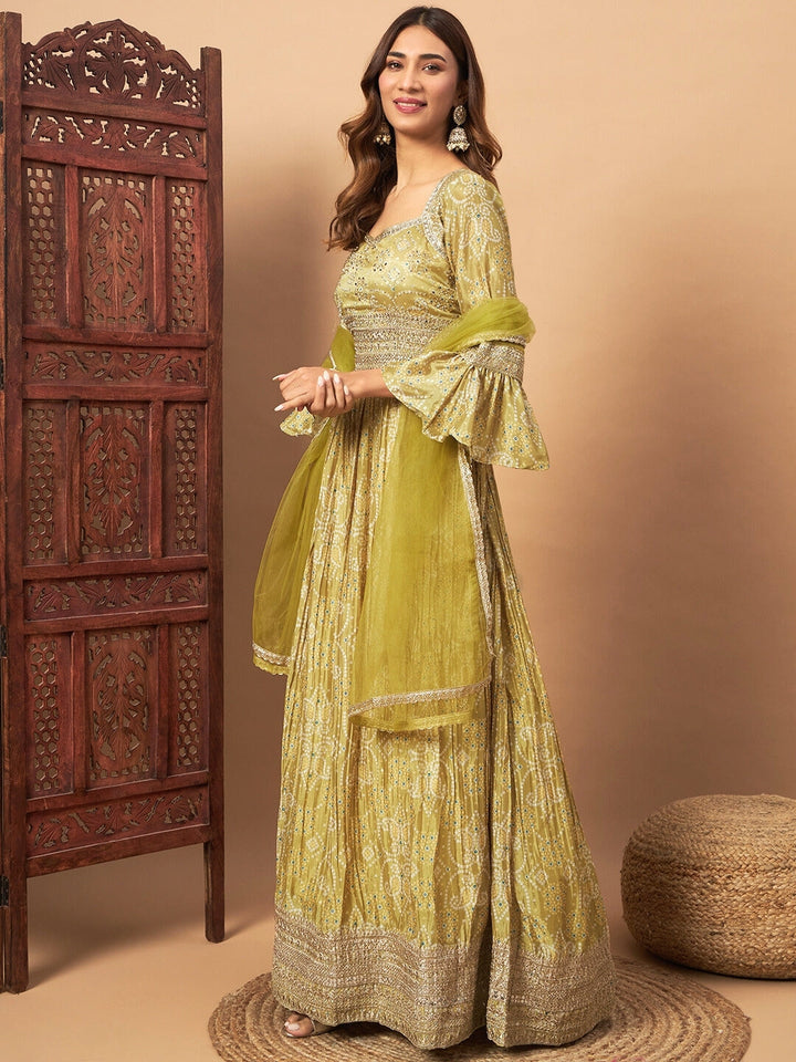 Chhabra 555 Bandhani Print Embellished Pleated Gown with Sequin Embroidery, Bell Sleeves & Dupatta