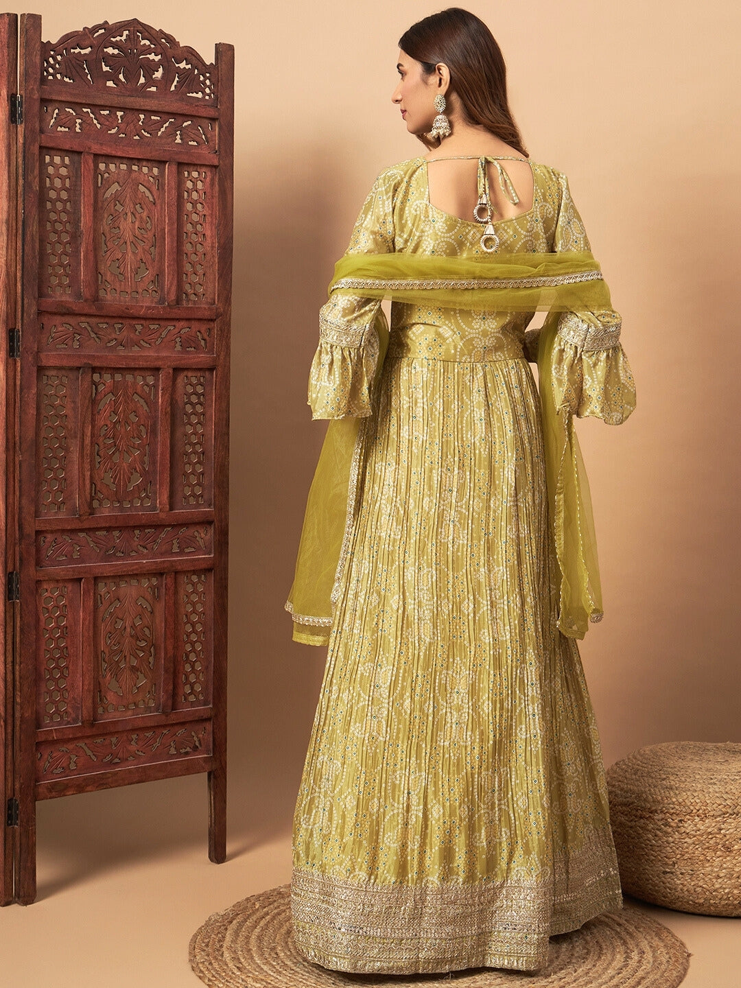 Chhabra 555 Bandhani Print Embellished Pleated Gown with Sequin Embroidery, Bell Sleeves & Dupatta