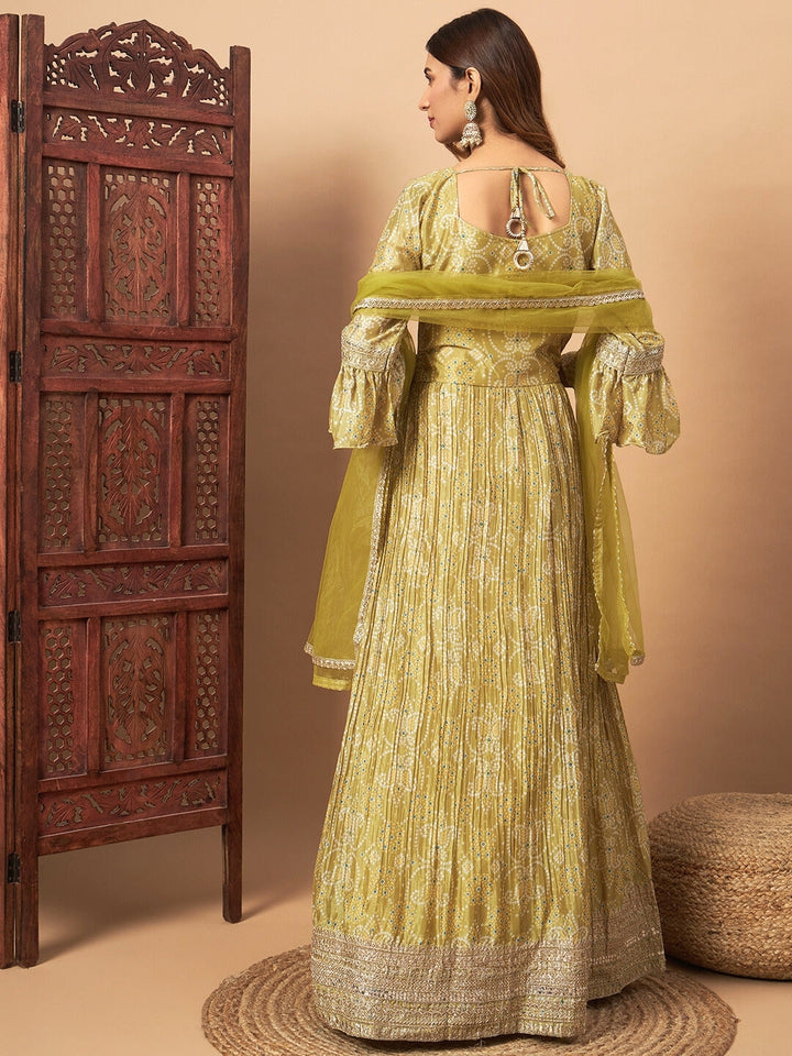 Chhabra 555 Bandhani Print Embellished Pleated Gown with Sequin Embroidery, Bell Sleeves & Dupatta