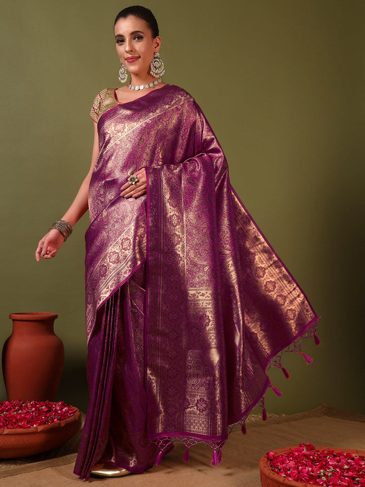 Traditional Banarasi Handloom Silk Saree with Ethnic Zari Paisley Weaving & Jhalar Pallu