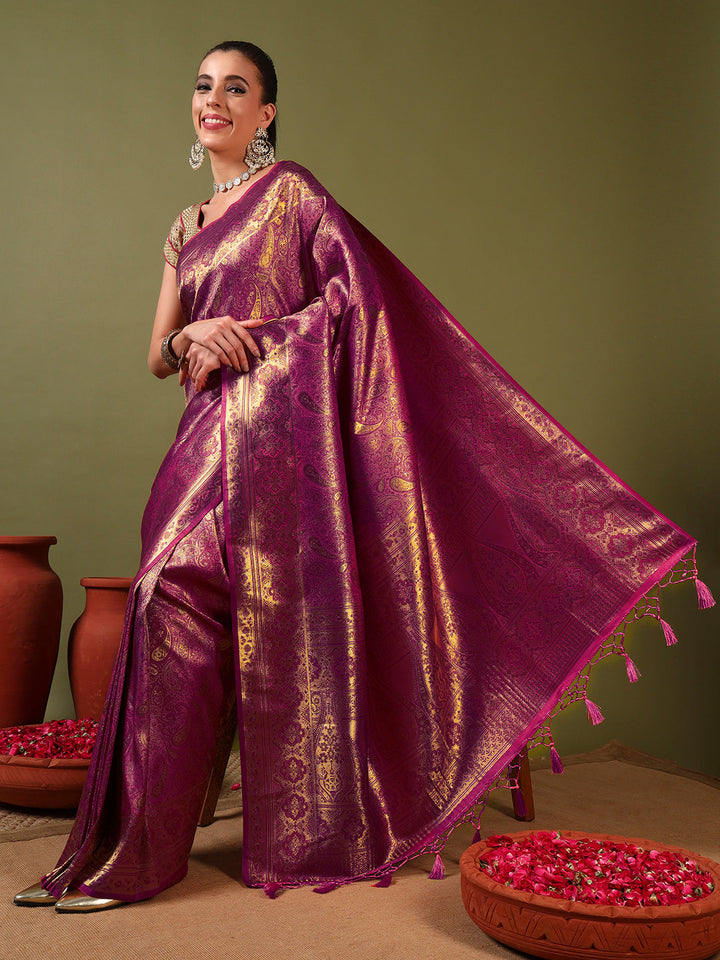 Traditional Banarasi Handloom Silk Saree with Ethnic Zari Paisley Weaving & Jhalar Pallu