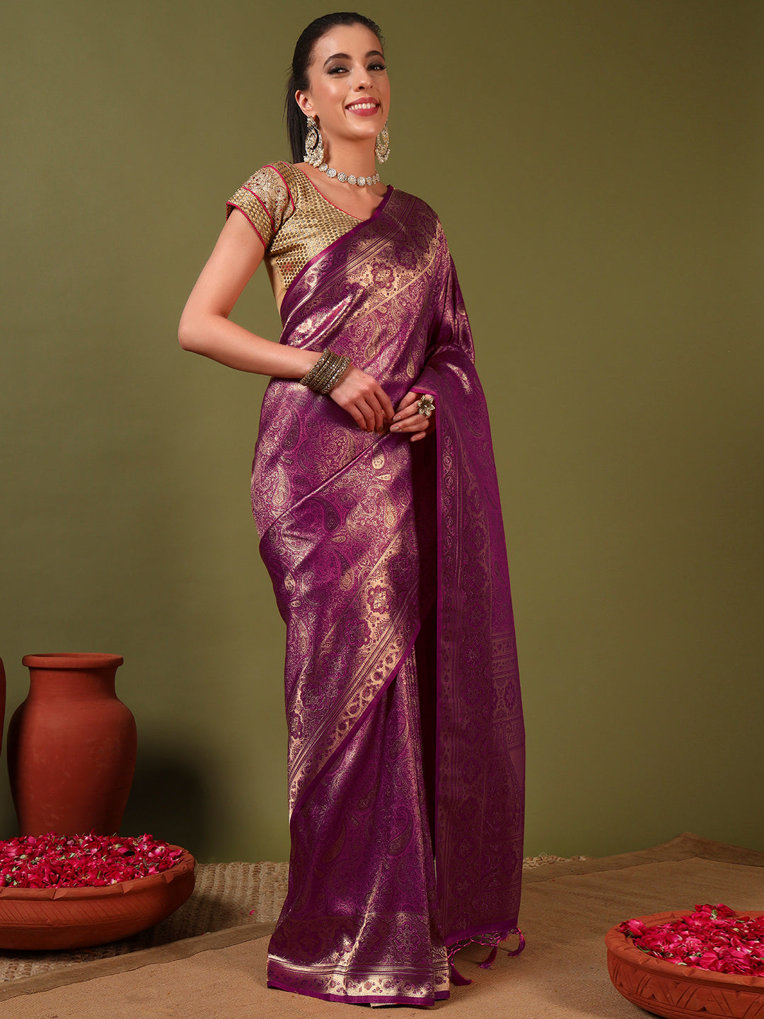 Traditional Banarasi Handloom Silk Saree with Ethnic Zari Paisley Weaving & Jhalar Pallu