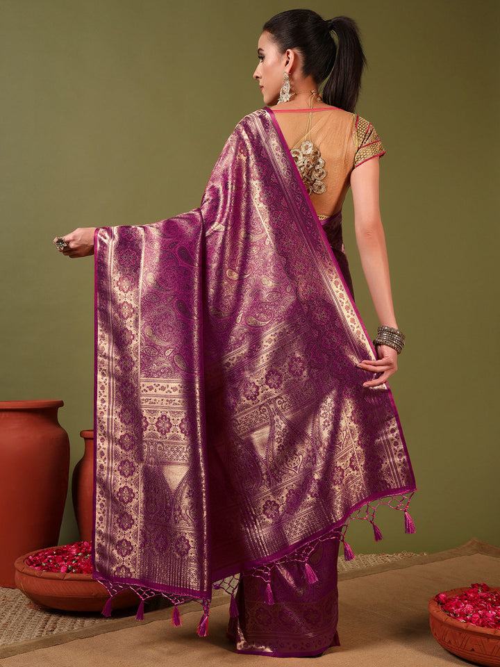 Traditional Banarasi Handloom Silk Saree with Ethnic Zari Paisley Weaving & Jhalar Pallu