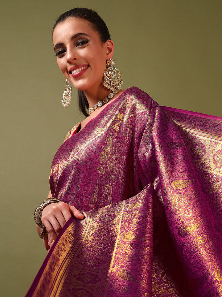Traditional Banarasi Handloom Silk Saree with Ethnic Zari Paisley Weaving & Jhalar Pallu