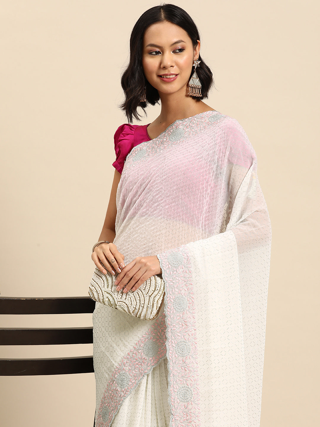 White Rubber Print Saree With Floral Resham & Zari Embroidery Border