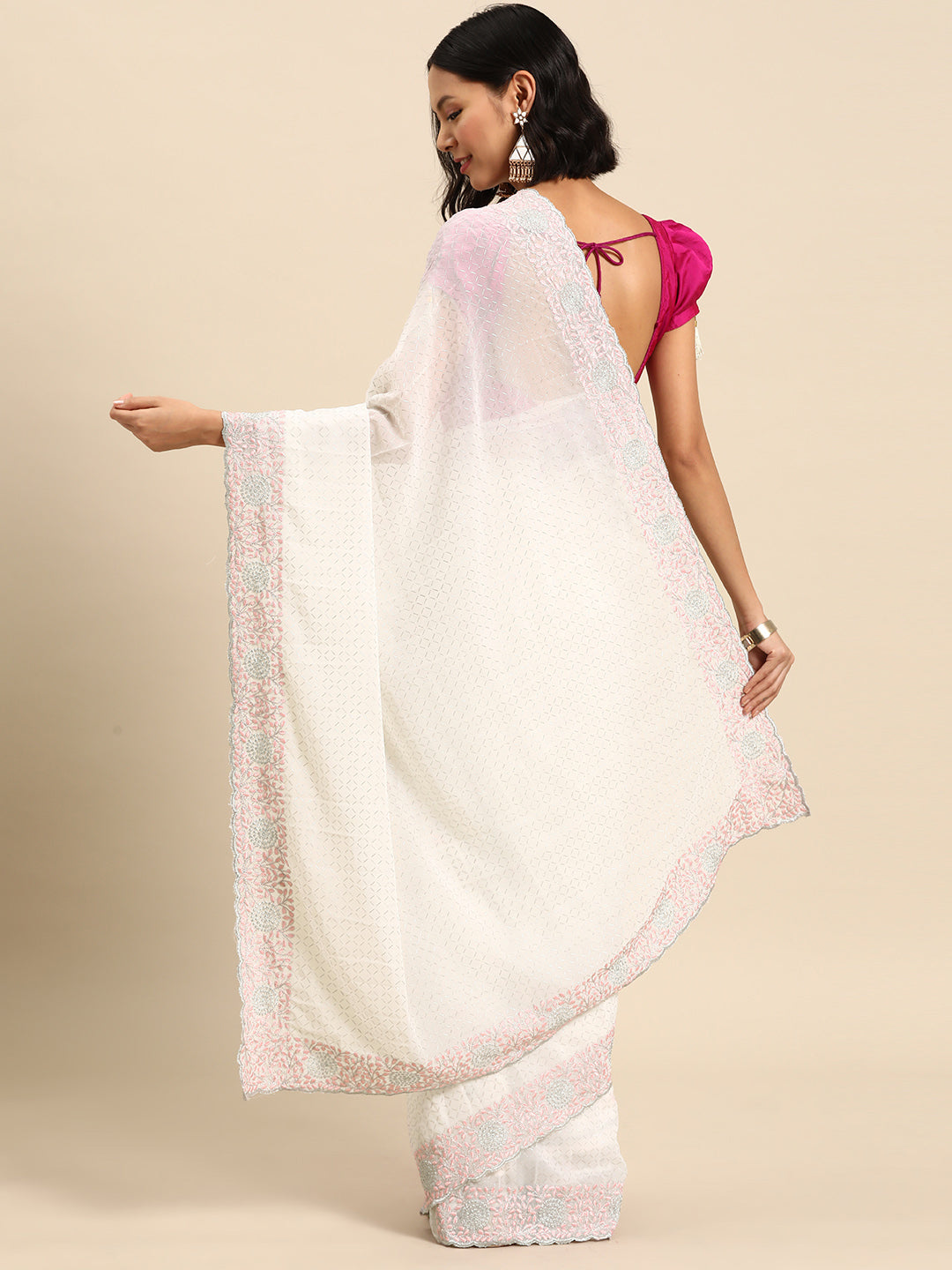 White Rubber Print Saree With Floral Resham & Zari Embroidery Border
