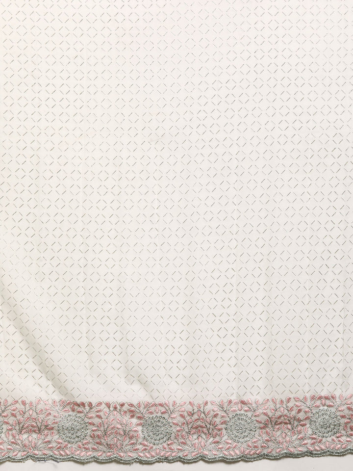 White Rubber Print Saree With Floral Resham & Zari Embroidery Border