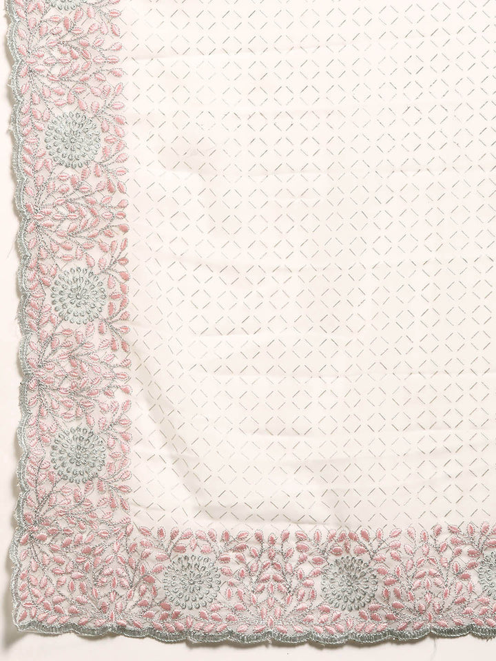 White Rubber Print Saree With Floral Resham & Zari Embroidery Border