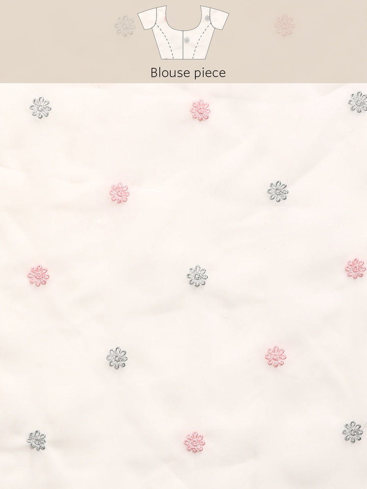 White Rubber Print Saree With Floral Resham & Zari Embroidery Border