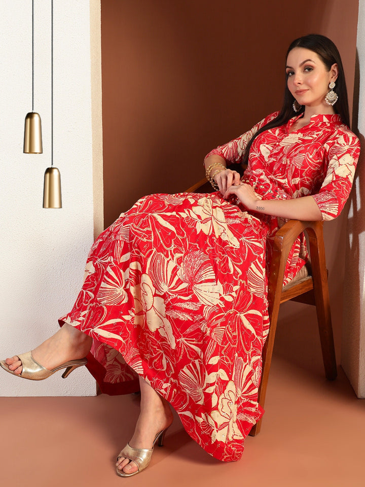 Floral Print Flared Summer Dress with Mirror Sequin Embellishments & Matching belt