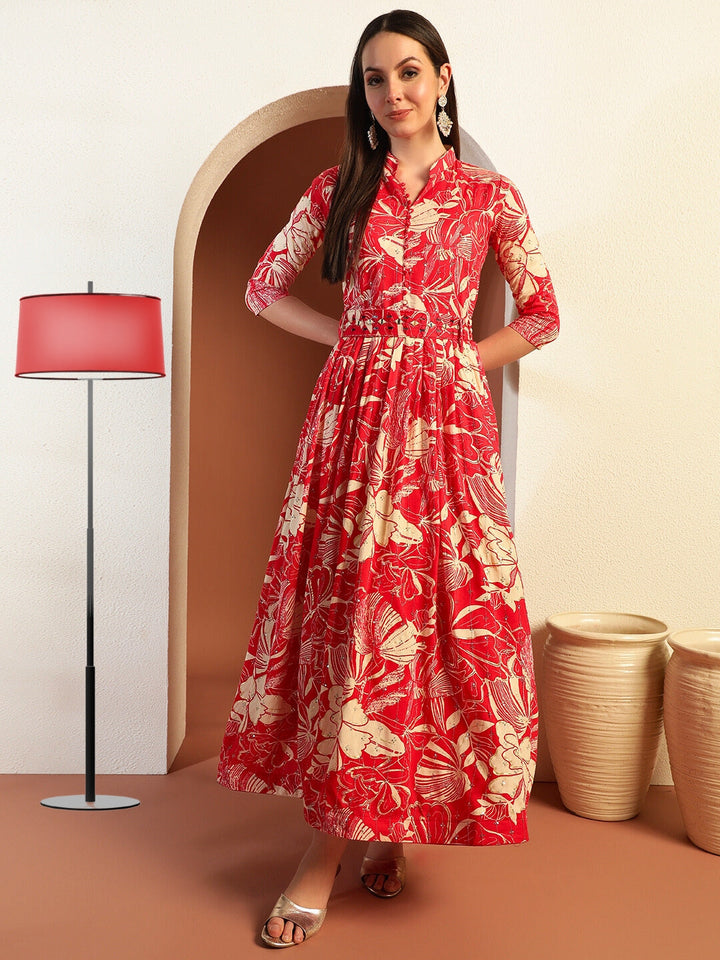 Floral Print Flared Summer Dress with Mirror Sequin Embellishments & Matching belt