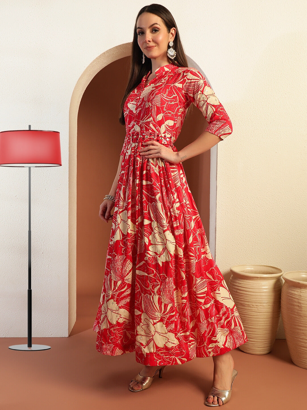 Floral Print Flared Summer Dress with Mirror Sequin Embellishments & Matching belt