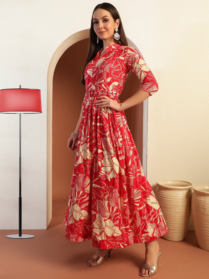 Floral Print Flared Summer Dress with Mirror Sequin Embellishments & Matching belt