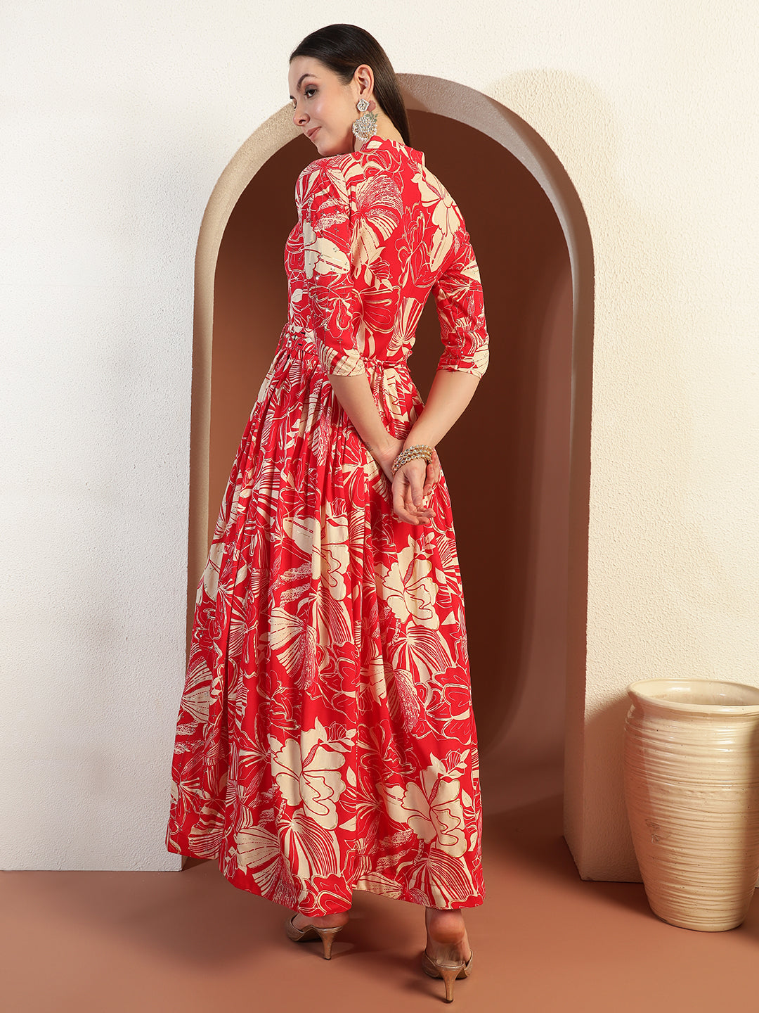 Floral Print Flared Summer Dress with Mirror Sequin Embellishments & Matching belt
