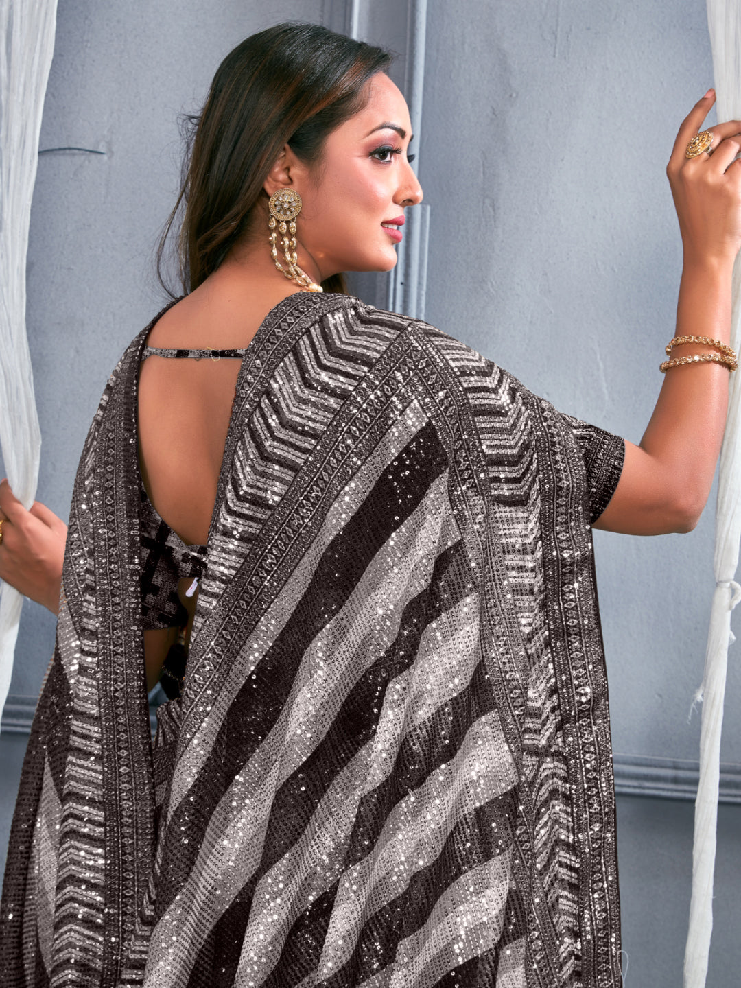 Black & White Striped Heavy Sequin Embellished Party Wear Saree