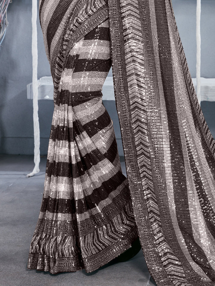 Black & White Striped Heavy Sequin Embellished Party Wear Saree