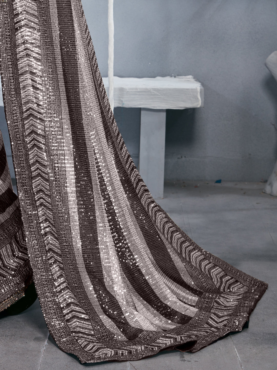 Black & White Striped Heavy Sequin Embellished Party Wear Saree