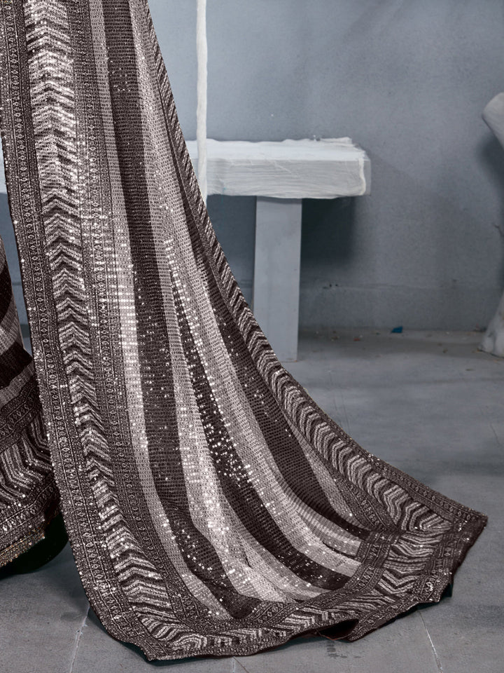 Black & White Striped Heavy Sequin Embellished Party Wear Saree
