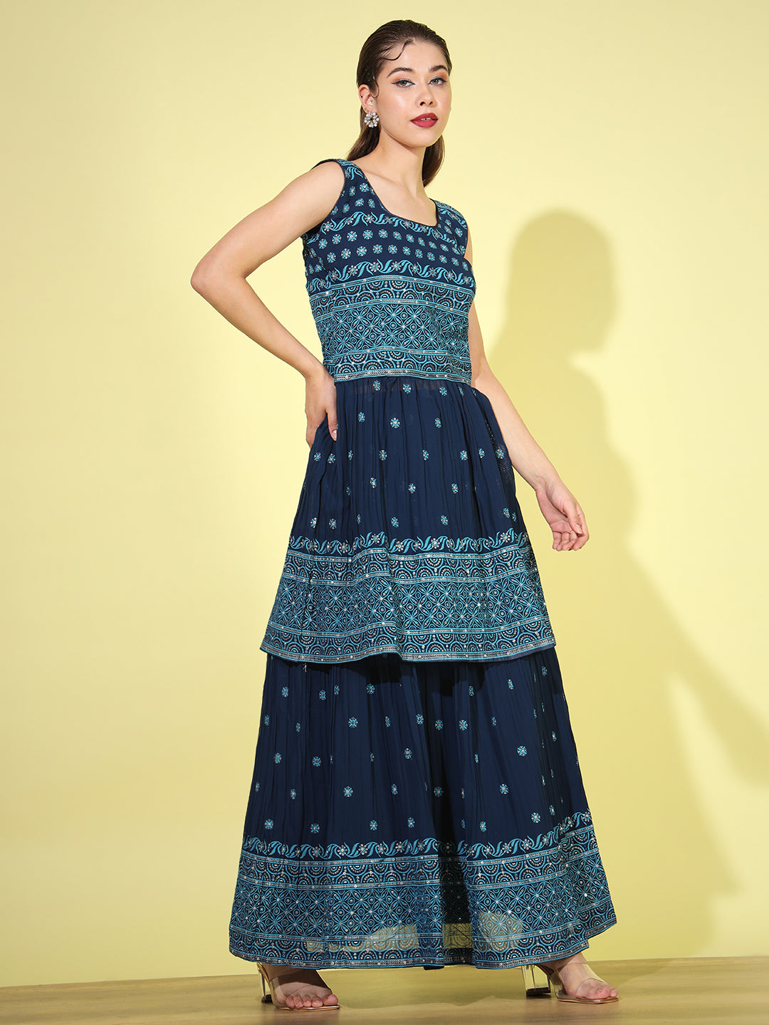 Blue Foil Print Peplum Kurti with Pleated Flared Gharara & Dupatta