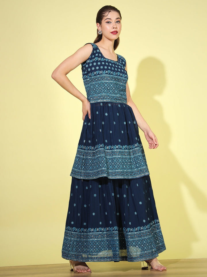 Blue Foil Print Peplum Kurti with Pleated Flared Gharara & Dupatta