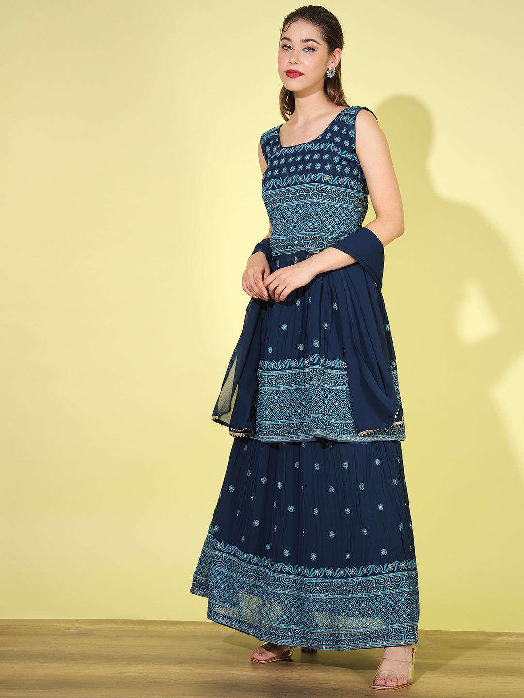 Blue Foil Print Peplum Kurti with Pleated Flared Gharara & Dupatta