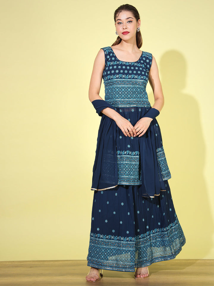 Blue Foil Print Peplum Kurti with Pleated Flared Gharara & Dupatta