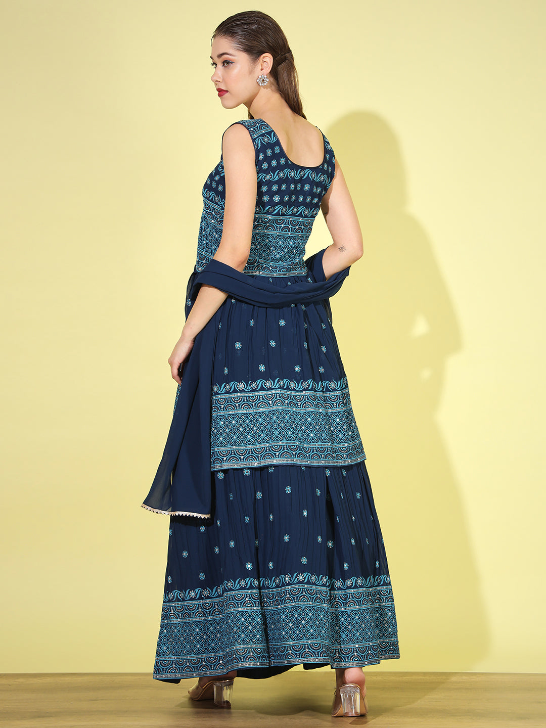 Blue Foil Print Peplum Kurti with Pleated Flared Gharara & Dupatta