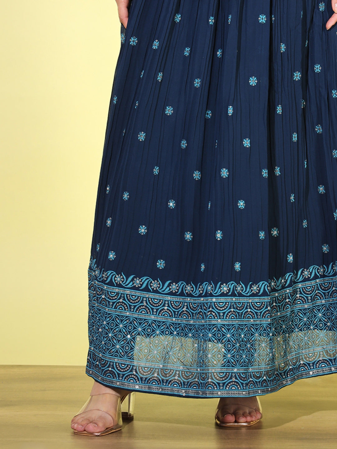 Blue Foil Print Peplum Kurti with Pleated Flared Gharara & Dupatta