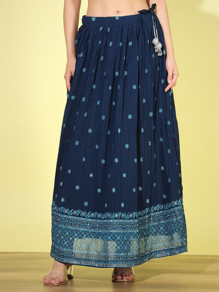Blue Foil Print Peplum Kurti with Pleated Flared Gharara & Dupatta