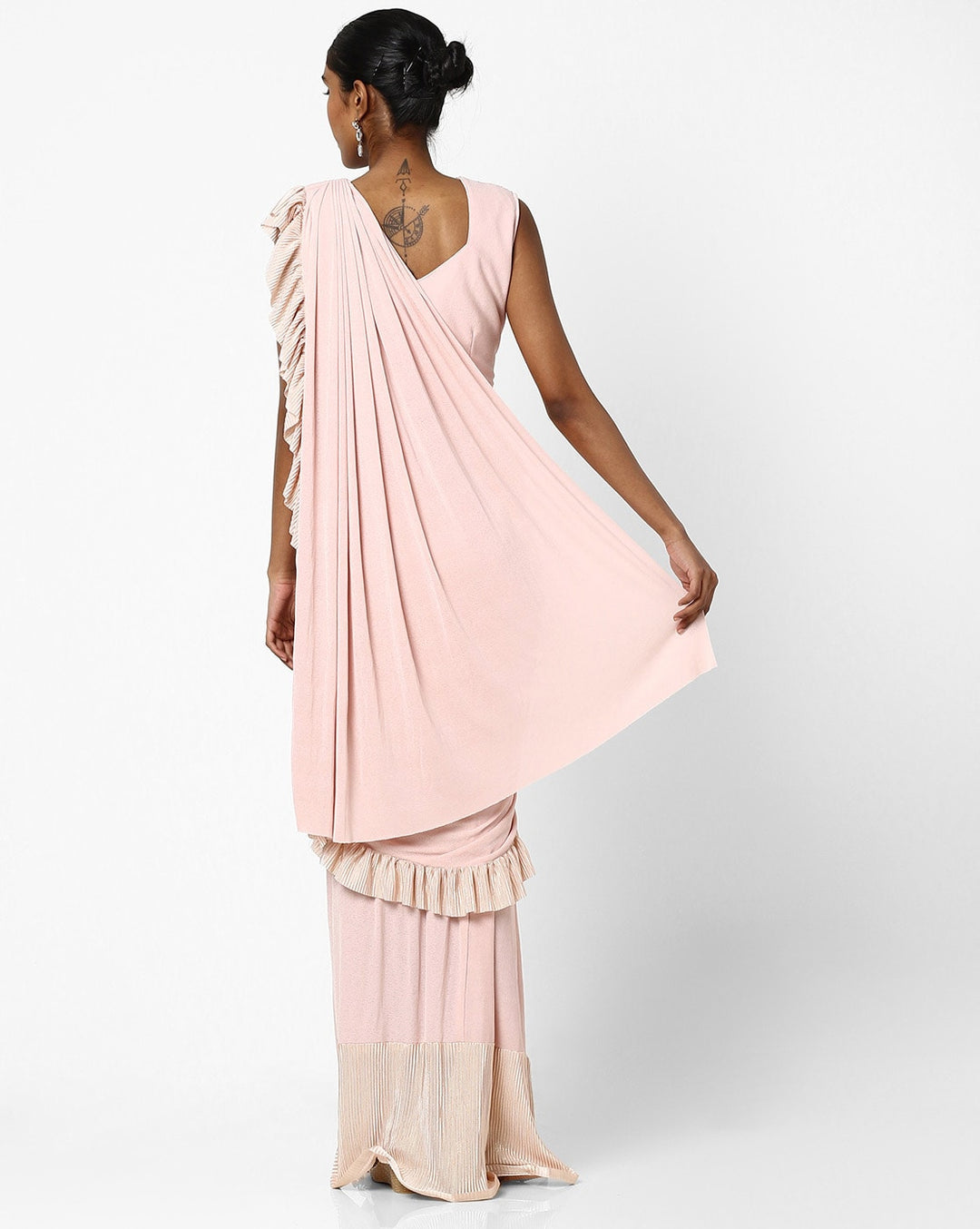 Made to Measure Nude Pink Ruffled Saree & Stylish Crystal  Embellished Blouse With Tassels