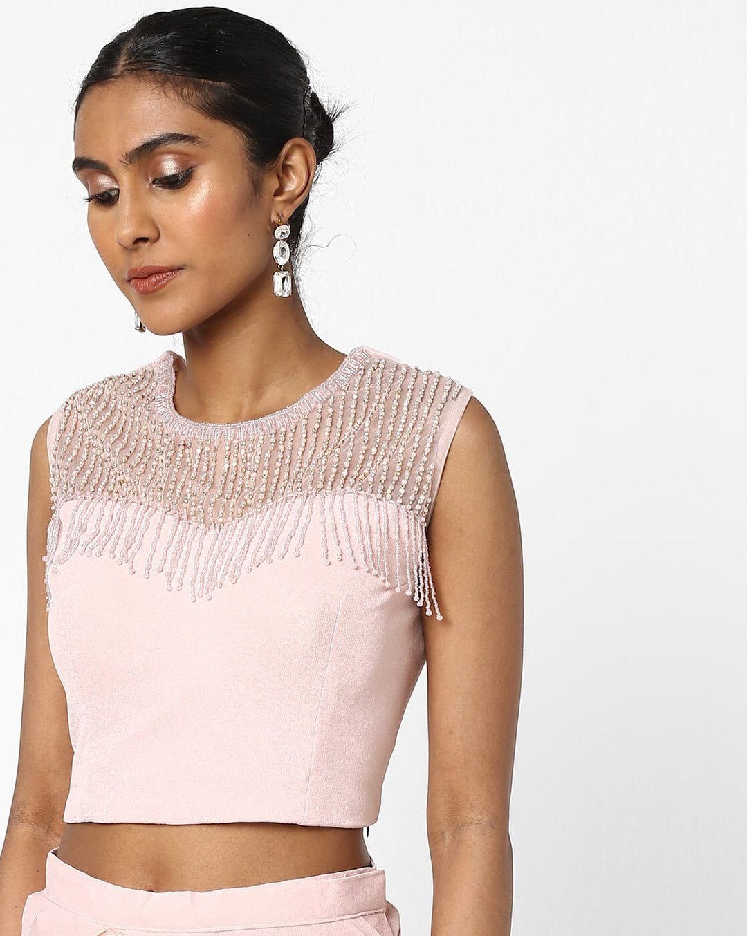 Made to Measure Nude Pink Ruffled Saree & Stylish Crystal  Embellished Blouse With Tassels