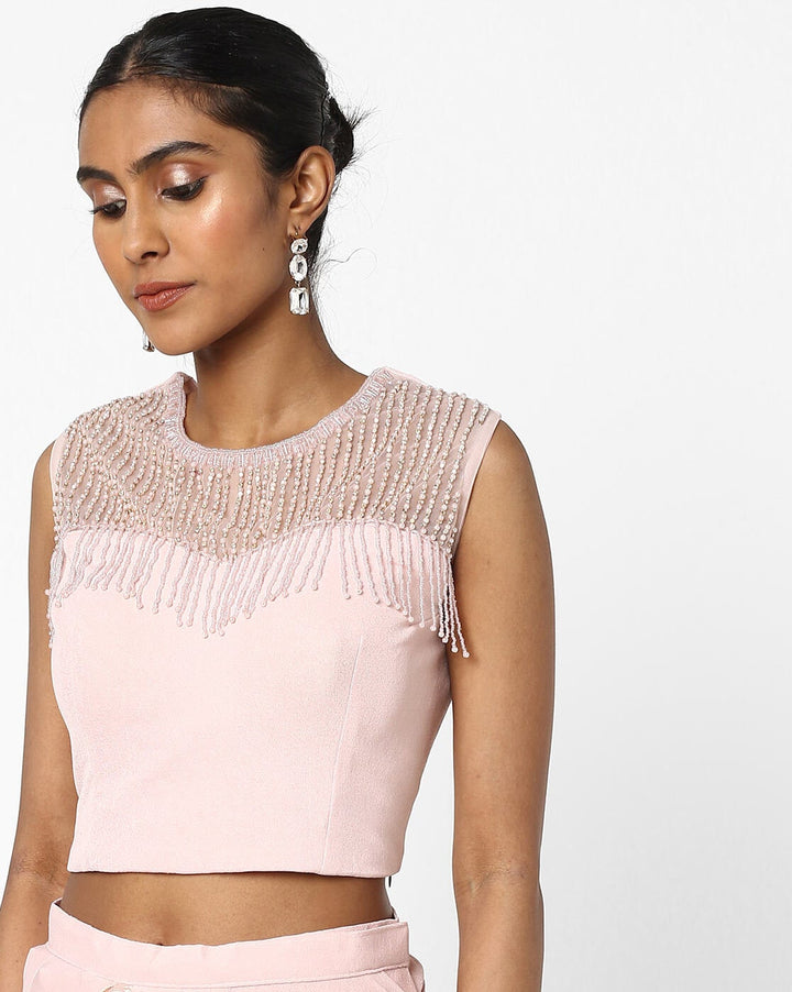 Made to Measure Nude Pink Ruffled Saree & Stylish Crystal  Embellished Blouse With Tassels