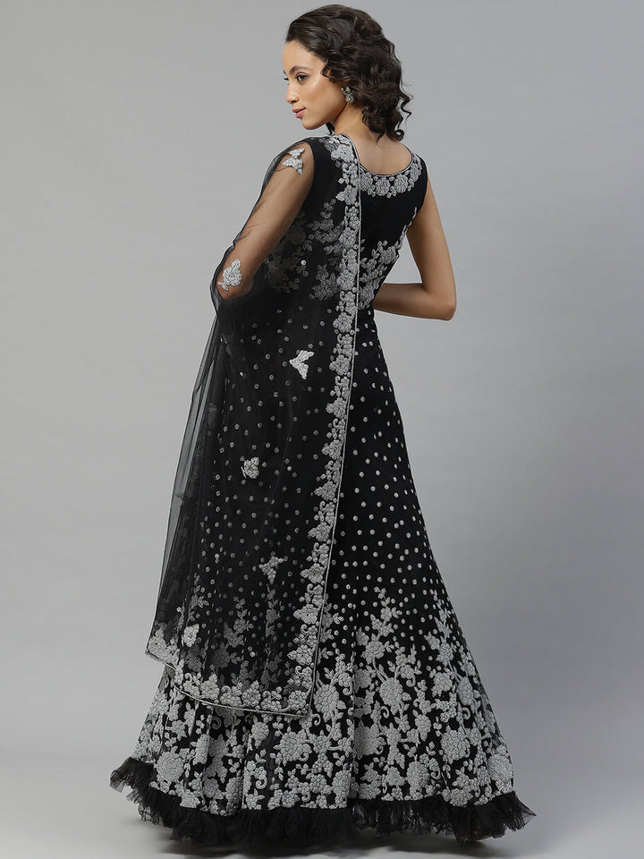 Made to Measure Silver Beads and Sparkle Embroidered Black Gown with Heavy Net Dupatta