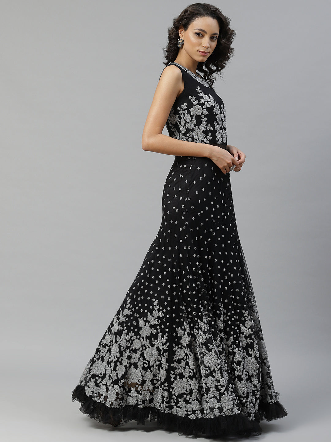Made to Measure Silver Beads and Sparkle Embroidered Black Gown with Heavy Net Dupatta