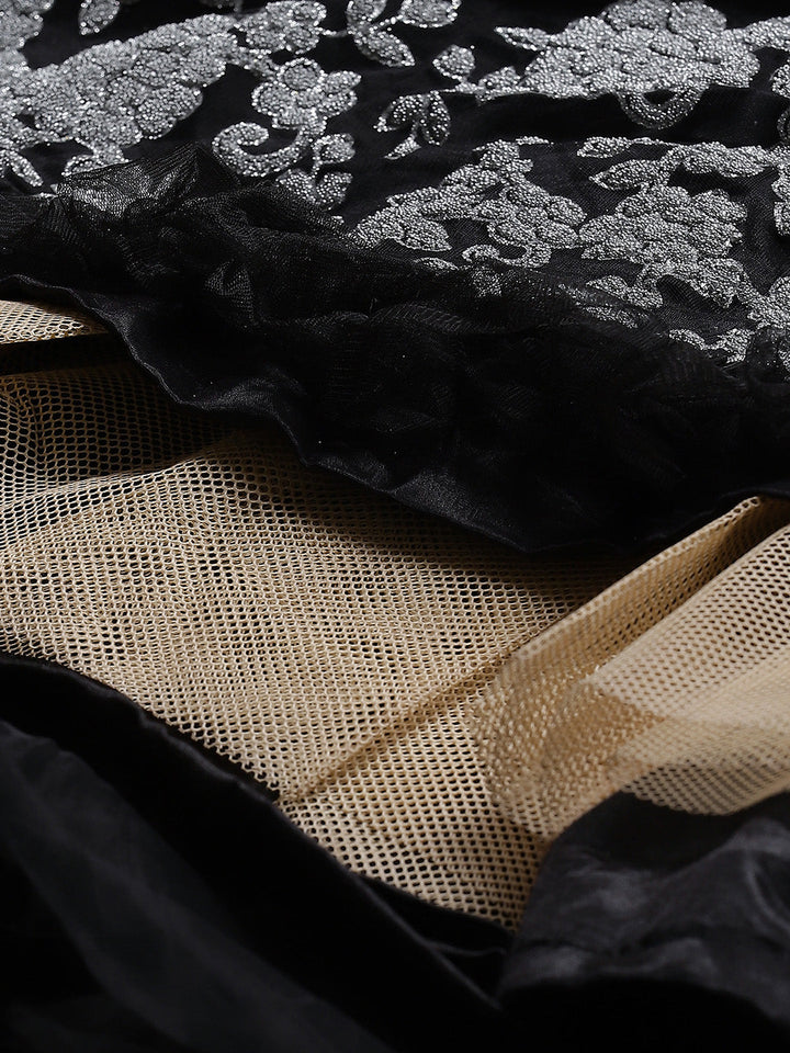 Made to Measure Silver Beads and Sparkle Embroidered Black Gown with Heavy Net Dupatta