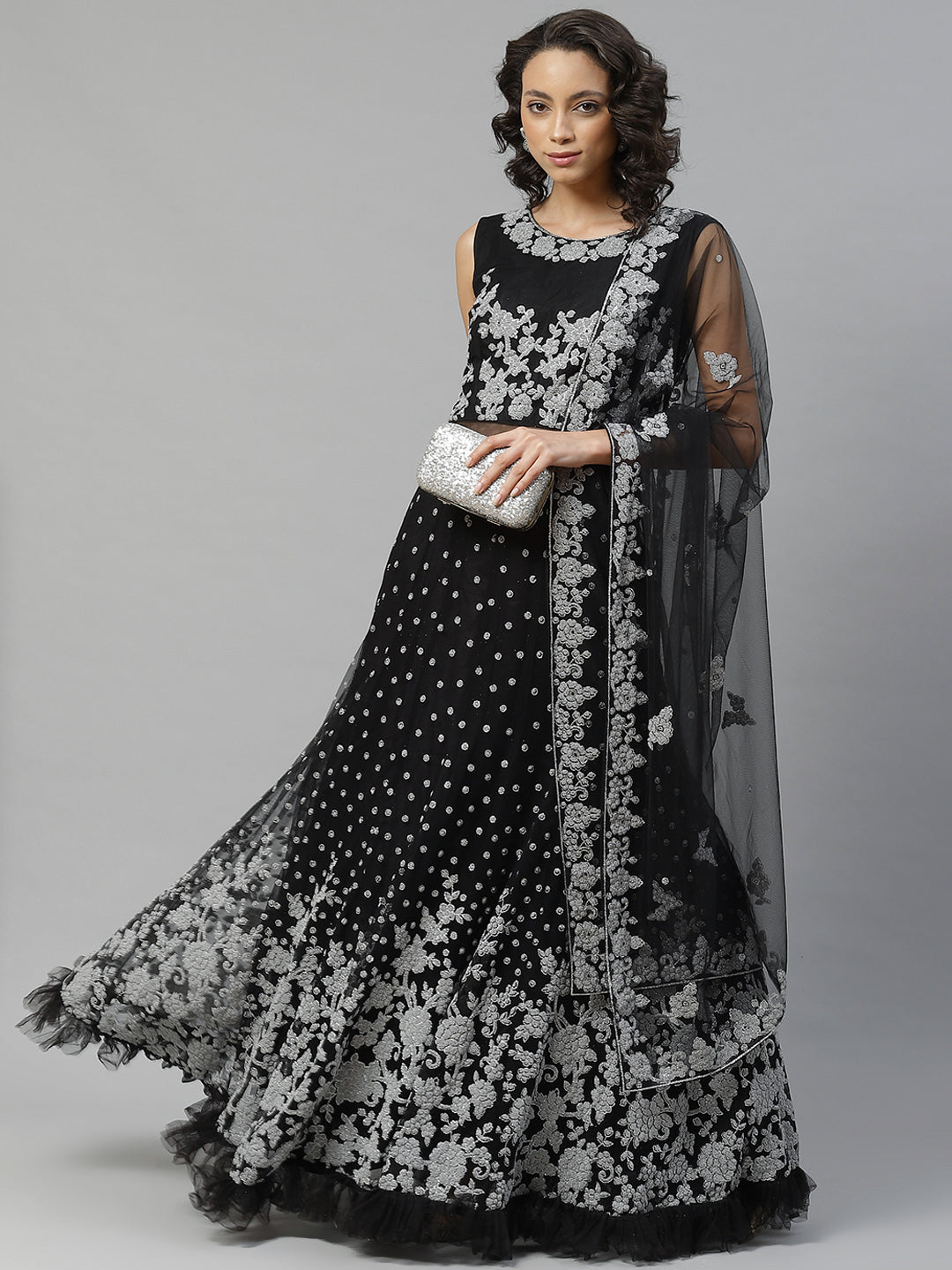 Made to Measure Silver Beads and Sparkle Embroidered Black Gown with Heavy Net Dupatta